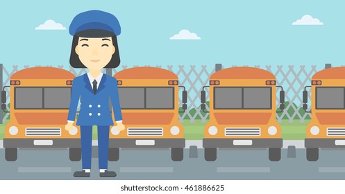 An asian young school bus driver standing in front of yellow bus. Vector flat design illustration. Horizontal  layout.