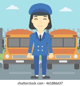 An asian young school bus driver standing in front of yellow bus. Vector flat design illustration. Square layout.