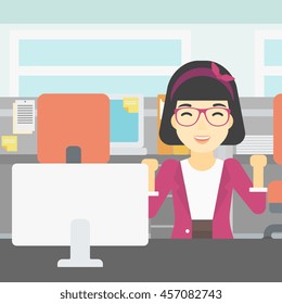 An asian young smiling business woman sitting at workplace in office and celebrating. Successful business concept. Vector flat design illustration. Square layout.
