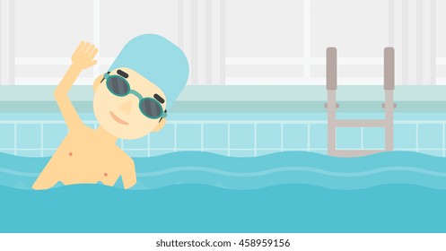 Un joven deportista asiático con gorra y gafas nadando en la piscina. Nadadora masculina profesional en piscina. Ilustración de diseño plana vectorial. Diseño horizontal.