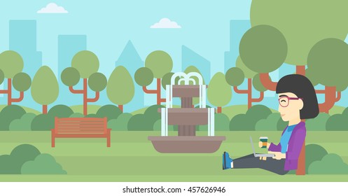 An asian young student with cup of coffee sitting in the park and using laptop. Student working on laptop outdoor. Student with laptop in park. Vector flat design illustration. Horizontal layout.