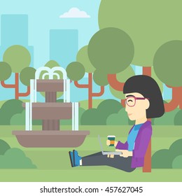 An asian young student with cup of coffee sitting in the park and using laptop. Student working on laptop outdoor. Student with laptop in park. Vector flat design illustration. Square layout.
