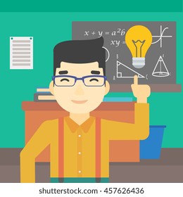 An asian young student pointing finger up at the light bulb. Young man with light bulb on a background of classroom. Vector flat design illustration. Square layout.