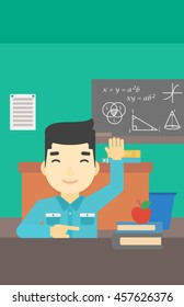 An asian young student raising hand in the classroom for an answer. Student sitting at the table with raised hand. Vector flat design illustration. Vertical layout.