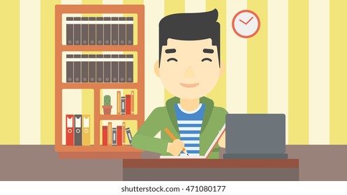 An asian young student sitting at the desk with laptop. Student using laptop at home and writing notes. Student working on laptop. Vector flat design illustration. Horizontal layout.