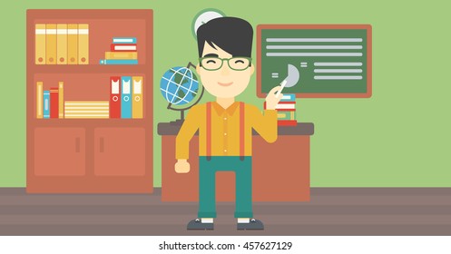 An asian young teacher standing in classroom. Teacher standing in front of the blackboard with a piece of chalk in hand. Vector flat design illustration. Horizontal layout.