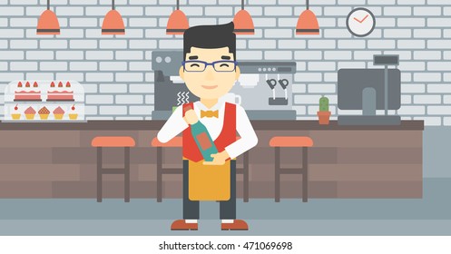 An asian young waiter holding a bottle in hands on the background of a cafe. Vector flat design illustration. Horizontal layout.