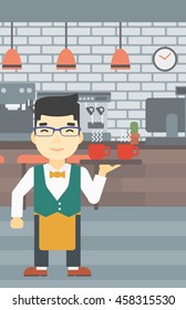 An asian young waiter holding a tray with cups of tea or coffee. Waiter with cups of coffee or tea at the bar. Vector flat design illustration. Vertical layout.