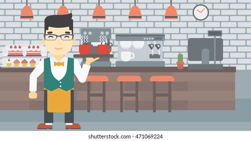 An asian young waiter holding a tray with cups of tea or coffee. Waiter with cups of coffee or tea at the bar. Vector flat design illustration. Horizontal layout.