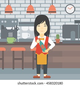 An asian young waitress holding a bottle in hands on the background of a cafe. Vector flat design illustration. Square layout.