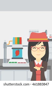 An asian young woman with 3D printer making a heart on the background of laboratory. Woman working with 3D printer. Vector flat design illustration. Vertical layout.