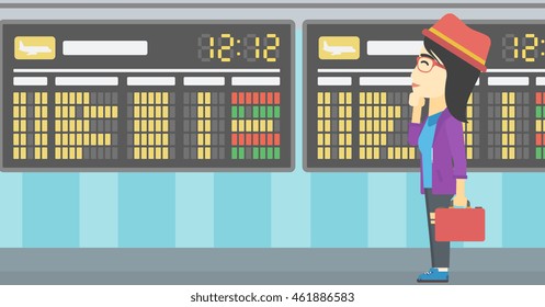 An asian young woman with briefcase looking at departure board at the airport. Passenger standing at the airport in front of departure board. Vector flat design illustration. Horizontal layout.