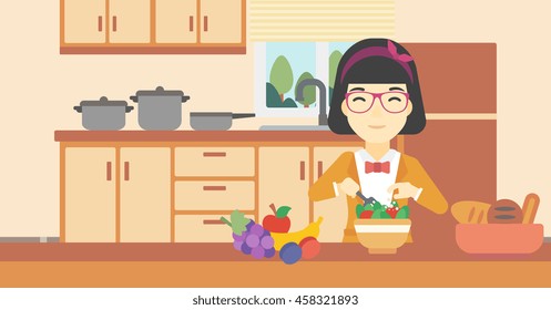 An asian young woman cooking vegetable salad on the background of kitchen. Smiling woman adding spices in salad. Vector flat design illustration. Horizontal layout.