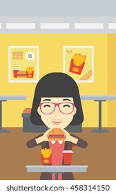 An asian young woman eating hamburger. Happy woman with eyes closed craving hamburger. Woman is about to eat delicious hamburger in the cafe. Vector flat design illustration. Vertical layout.