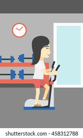 An asian young woman exercising on elliptical trainer. Woman working out using elliptical trainer at the gym. Woman using elliptical trainer. Vector flat design illustration. Vertical layout.