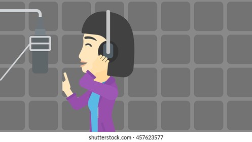 An asian young woman in headphones singing in recording studio. Singer making a record of her voice. Young singer recording a song. Vector flat design illustration. Horizontal layout.