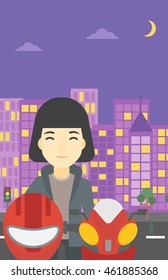 An asian young woman with helmet in hands standing near motorcycle on the background of night city. Vector flat design illustration. Vertical layout.