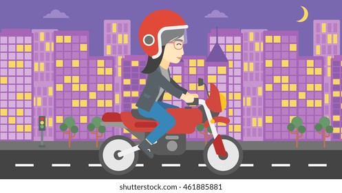 An asian young woman in helmet riding a motorcycle on the background of night city. Woman driving a motorbike on a city road. Vector flat design illustration. Horizontal  layout.