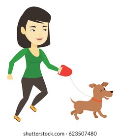 Asian young woman with her dog. Cheerful woman walking with small dog. Happy woman taking dog on a walk. Woman walking a dog on a leash. Vector flat design illustration isolated on white background.