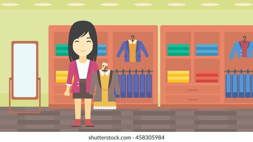 An asian young woman holding hanger with dress and jacket. Woman choosing dress at clothing store. Shop assistant offering suit jacket and dress. Vector flat design illustration. Horizontal layout.