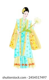Asian young woman with jewelry in hairstyle looking at a flower in her hands. fashion girl with earrings and necklace. graceful lady in ancient Chinese costume. pretty princess