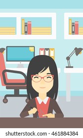 An asian young woman making a model with a 3D pen. Woman drawing geometric shape by 3d pen. Engineer working with a 3 dimensional pen. Vector flat design illustration. Vertical layout.