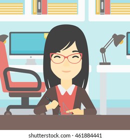 An asian young woman making a model with a 3D pen. Woman drawing geometric shape by 3d pen. Engineer working with a 3 dimensional pen. Vector flat design illustration. Square layout.