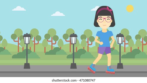 An asian young woman on roller-skates in the park. Full length of sports woman in protective sportwear on rollers skating outdoors. Vector flat design illustration. Horizontal layout