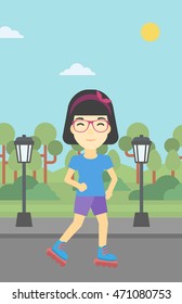 An asian young woman on roller-skates in the park. Full length of sports woman in protective sportwear on rollers skating outdoors. Vector flat design illustration. Vertical layout.