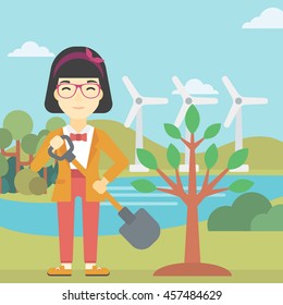 An asian young woman plants a tree. Woman standing with shovel near newly planted tree. Woman planting tree on a background of wind turbines. Vector flat design illustration. Square layout.