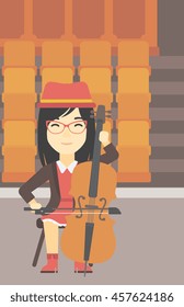 An asian young woman playing cello. Cellist playing classical music on cello. Young woman with cello and bow on the background of empty theater seats. Vector flat design illustration. Vertical layout.