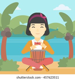An asian young woman playing ethnic drum. Mucisian playing ethnic drum on the tropical beach. Woman playing ethnic music on tom-tom. Vector flat design illustration. Square layout.