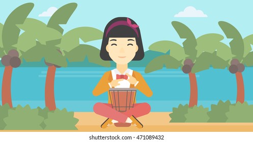 An asian young woman playing ethnic drum. Mucisian playing ethnic drum on the tropical beach. Woman playing ethnic music on tom-tom. Vector flat design illustration. Horizontal layout.