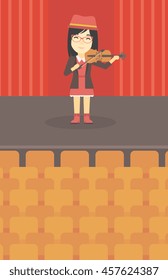 An asian young woman playing violin. Violinist playing classical music on violin. Woman with violin standing on the stage. Vector flat design illustration. Vertical layout.