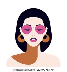 Asian young woman pop art fashion portrait in pink sunglasses golden earrings vector flat