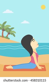 An asian young woman practicing yoga upward dog position. Woman meditating in yoga upward dog position on the beach. Woman doing yoga on nature. Vector flat design illustration. Vertical layout.