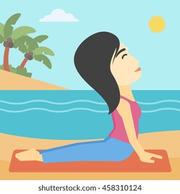 An asian young woman practicing yoga upward dog position. Woman meditating in yoga upward dog position on the beach. Woman doing yoga on nature. Vector flat design illustration. Square layout.