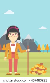 An asian young woman raking autumn leaves. Woman with rake standing near tree and heap of autumn leaves. Woman tidying autumn leaves in garden. Vector flat design illustration. Vertical layout.
