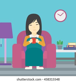 An asian young woman relaxing under blanket with cup of coffee. Woman drinking coffee at home. Woman holding a cup of hot flavored coffee or tea. Vector flat design illustration. Square layout.