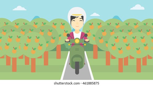 An asian young woman riding a scooter on the asphalt road through the orchard. Young woman in helmet driving a scooter. Vector flat design illustration. Horizontal  layout.