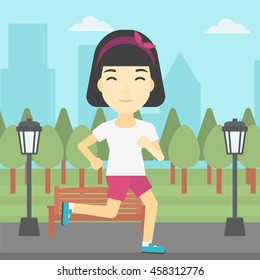 An asian young woman running. Female sportive runner jogging outdoors. Sports woman running in the park. Running woman on forest road. Vector flat design illustration. Square layout.