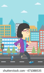 An asian young woman running. Female runner jogging. Full length of a female athlete running. Sports woman running on a city background. Vector flat design illustration. Vertical layout.