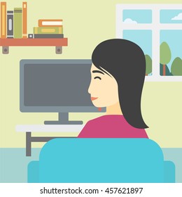 An asian young woman sitting on the couch in living room and watching tv. Vector flat design illustration. Square layout.