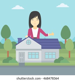 An asian young woman standing behind the house and showing thumb up. Female real estate agent offering the house. Young woman giving thumb up. Vector flat design illustration. Square layout.