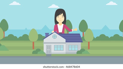 An asian young woman standing behind the house and showing thumb up. Female real estate agent offering the house. Young woman giving thumb up. Vector flat design illustration. Horizontal layout.