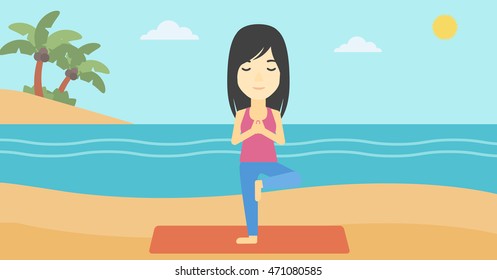 An asian young woman standing in yoga tree position. Woman meditating in yoga tree position on the beach. Man doing yoga on nature. Vector flat design illustration. Horizontal layout