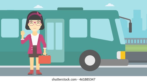 An asian young woman with suitcase standing at the entrance door of a bus on a city background. Young woman waving in front of a bus. Vector flat design illustration. Horizontal  layout.