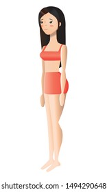 Asian young woman in underwear in a half-turn. Full length character