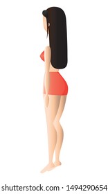 Asian young woman in underwear in a half-turn back. Full length character