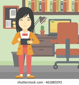 An asian young woman using a tablet computer. Business woman working with a digital tablet on the background of office. Vector flat design illustration. Square layout.